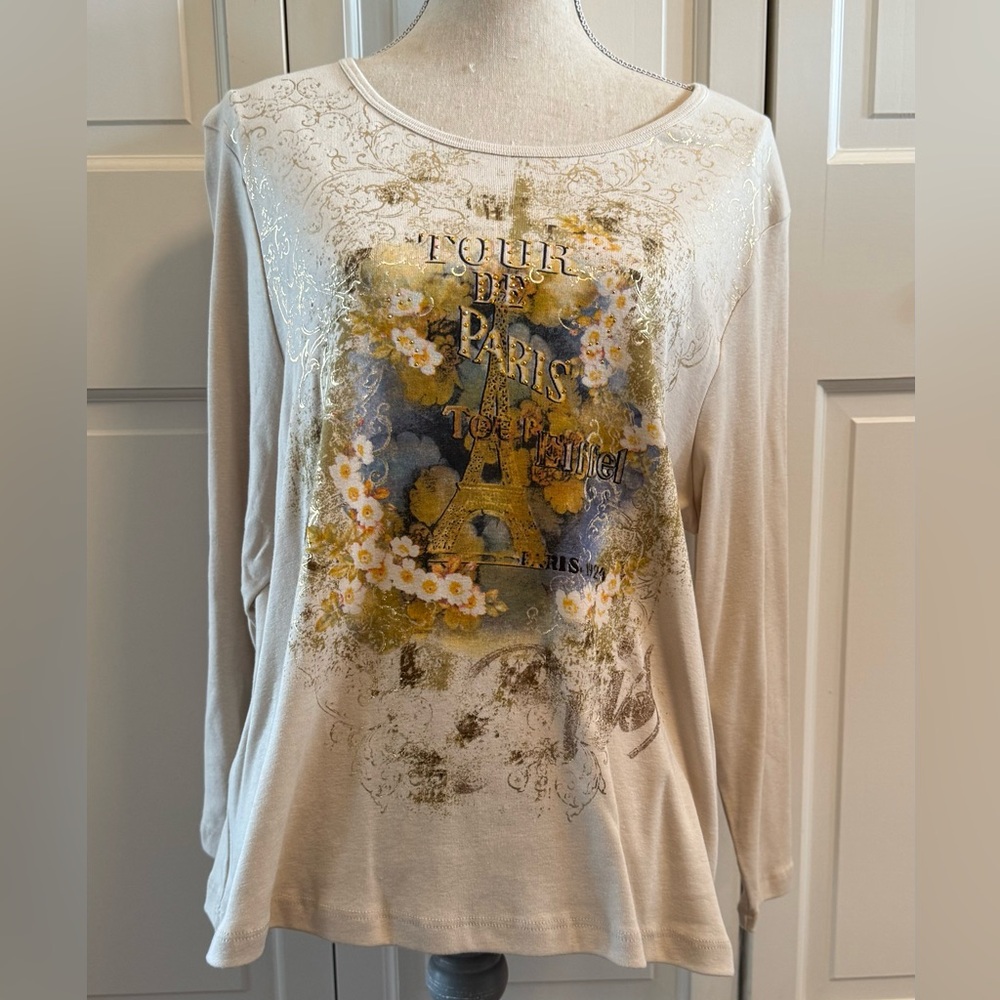Susan Lawrence Beige Paris Graphic Long Sleeve Tee